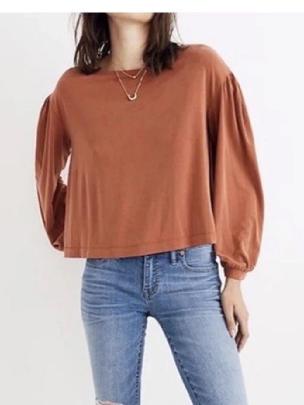 Madewell Sunwashed Gathered Sleeve Top M Rust Modal Blend Soft Relaxed Fit